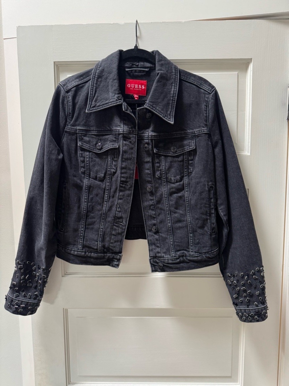 GUESS NWT Black Denim Jacket with Studded Sleeve Detail